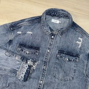 Bluivy Blue Denim Jacket Womens Size Large Distressed Pearl Snap Casual